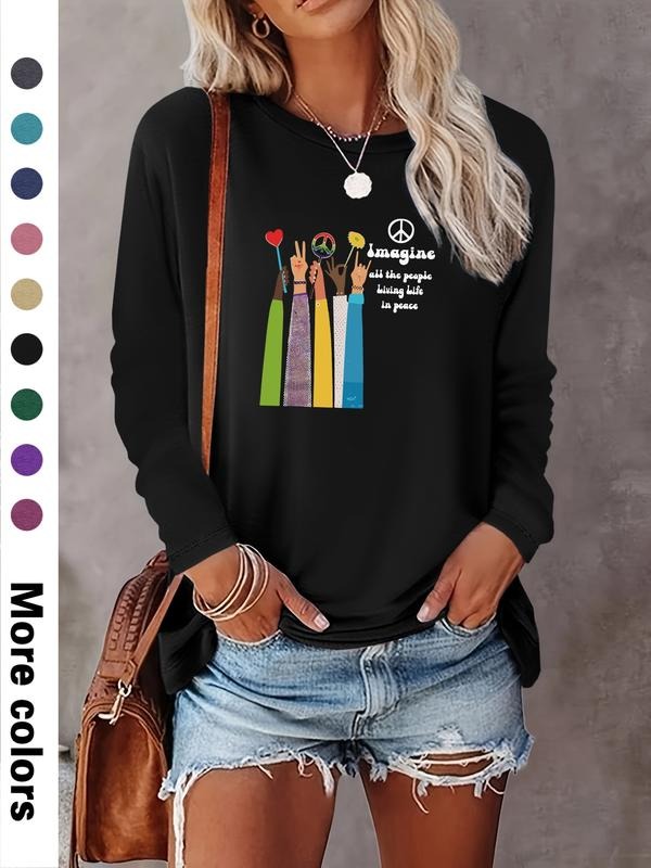 Women's Casual Cartoon Letter Print Long Sleeve T-Shirt, Comfortable Fabric, Available in 9 Colors, All Seasons Wear...