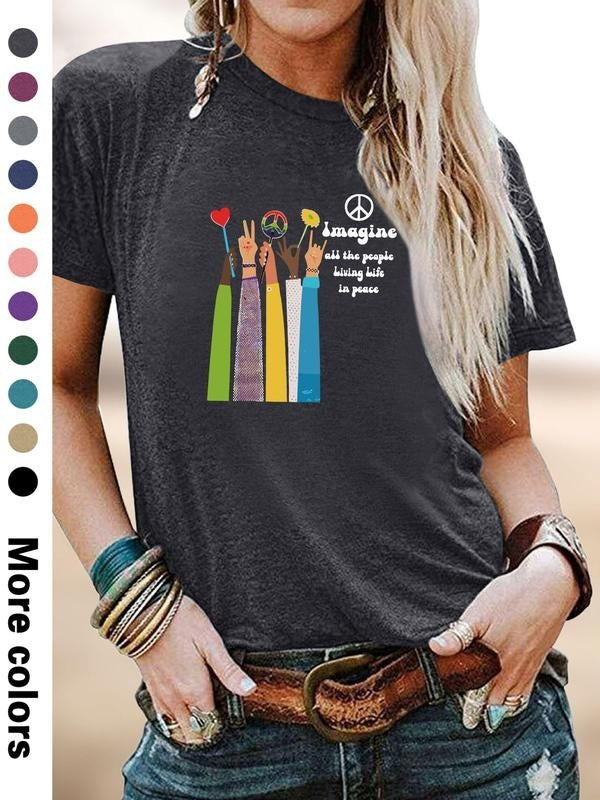 Women's Casual Cartoon Letter Print Round Neck Short Sleeve T-Shirt, Soft Comfortable Fabric, Available in 11 Colors...