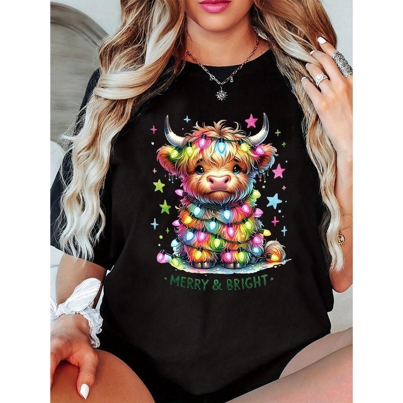 Women's Casual Christmas Calf Graphic Round Neck  Short Sleeve Cotton T-Shirt Hoodie Sweatshirt | PrintMintTees.com
