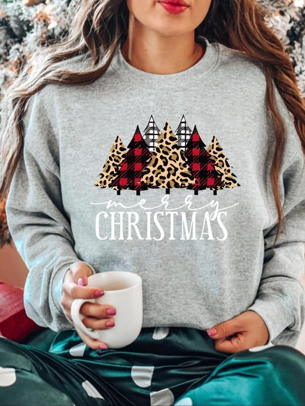 Women's Casual Christmas Sweatshirt, Loose Fit Round Neck Pullover, Creative Striped Tree Print, Soft Woven Fabric Shirt...