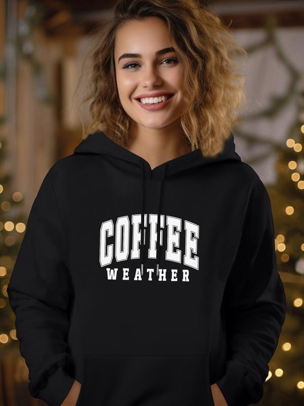 Women's Casual Coffee Letter Print Hoodie Sweatshirt with Pocket, Long Sleeve Fitted Design, Fall & Winter Fashion,...