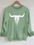 Women's Casual Cow Skull Design Sweatshirt, Soft Long Sleeve Round Neck Pullover, All-Season Comfort Clothing