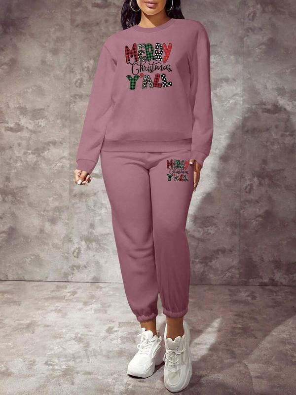 Women's Casual Fitted Sweatshirt Set, Long Sleeve Letter & Plaid Pattern Design, Perfect for Spring & Fall Seasons Shirt...