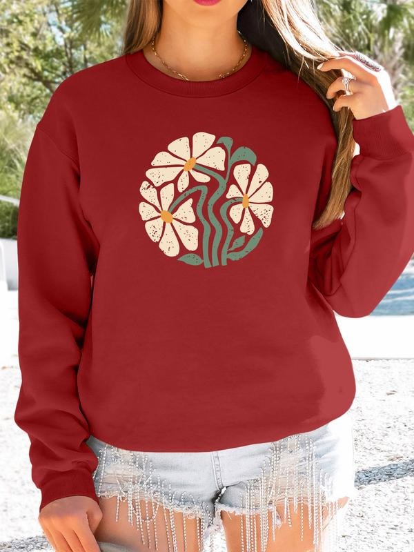 Women's Casual Floral Print Long Sleeve Round Neck Pullover Sweatshirt, Fitted Design, Fall & Winter Fashion, Available...