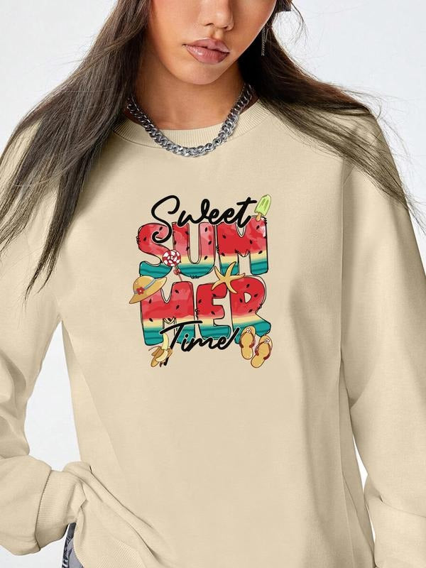 Women's Casual Fruit Letter Print Long Sleeve Round Neck Pullover Sweatshirt, Fall & Winter Fashion, Available in 7...
