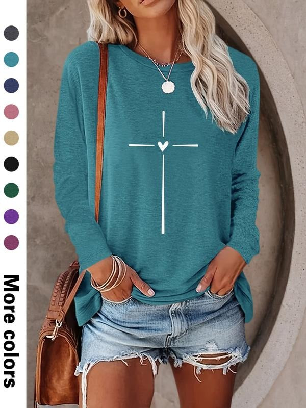 Women's Casual Geometric  Hearts Print Long Sleeve Round Neck T-Shirt, Comfortable Fabric, Available in 10 Colors, All...
