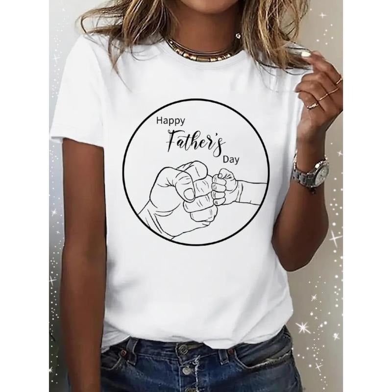 Women's Casual Graphic T-Shirt - Father's Day Cartoon Fist Bump & Happy Father's Day Print, Soft Stretchy Round Neck...