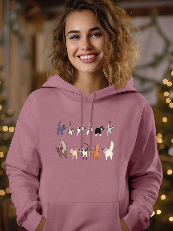 Women's Casual Hooded Sweatshirt with Pocket, Cartoon Cat Print Long Sleeve Pullover, Fall & Winter Fashion, Available in...