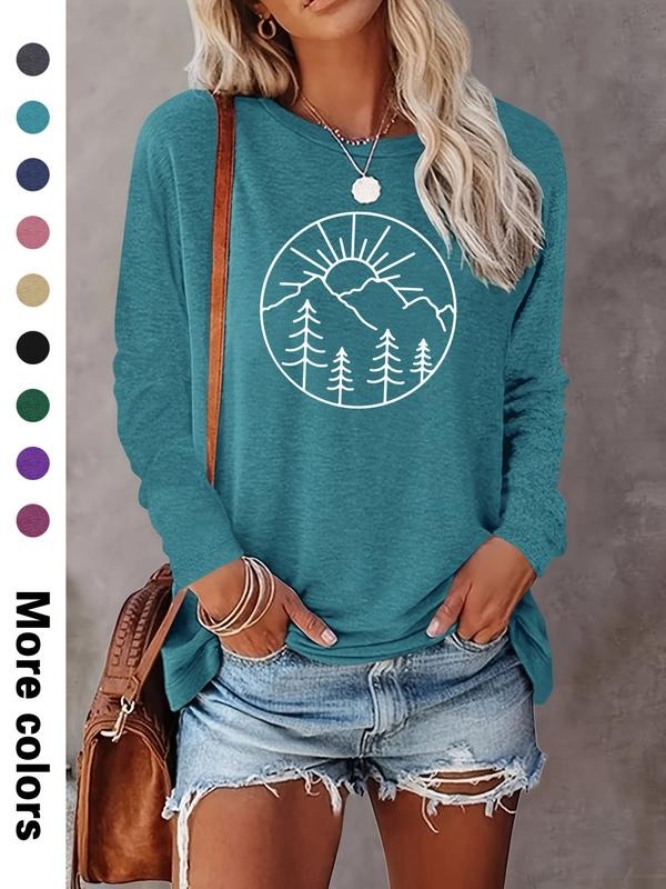 Women's Casual Landscape Print Long Sleeve Round Neck T-Shirt, Comfortable Fabric, Available in 9 Colors, Perfect for All...