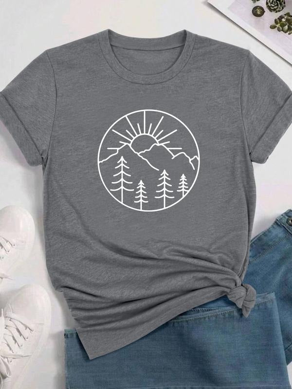 Women's Casual Landscape Print Short Sleeve T-Shirt, Comfortable Fabric, Available in 11 Colors, Fitted Style for All...