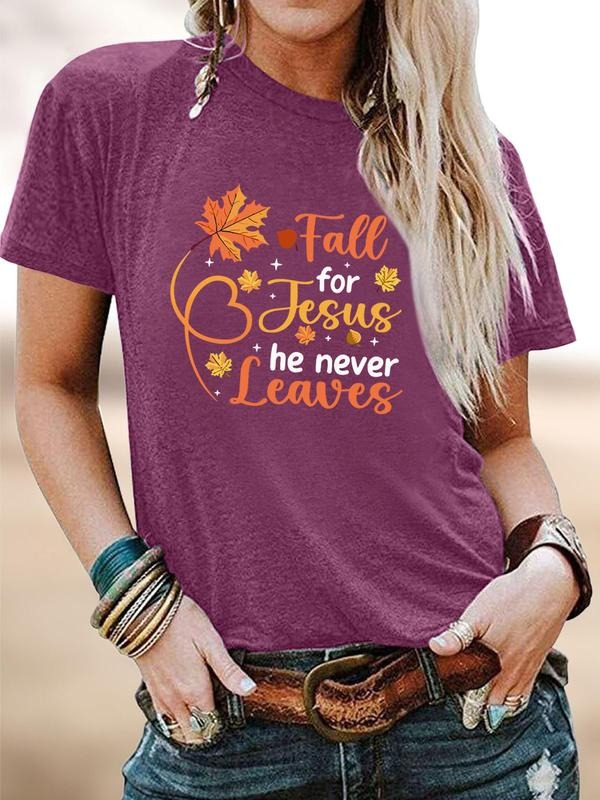 Women's Casual Leaf Letter Print Round Neck Short Sleeve T-Shirt, Soft Comfortable Fabric, Available in 10 Colors, All...