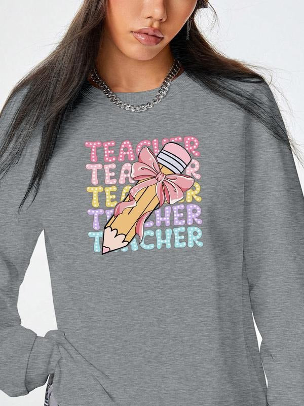 Women's Casual Letter Cartoon Print Long Sleeve Round Neck Pullover Sweatshirt, Available in 8 Colors, Perfect for Fall &...
