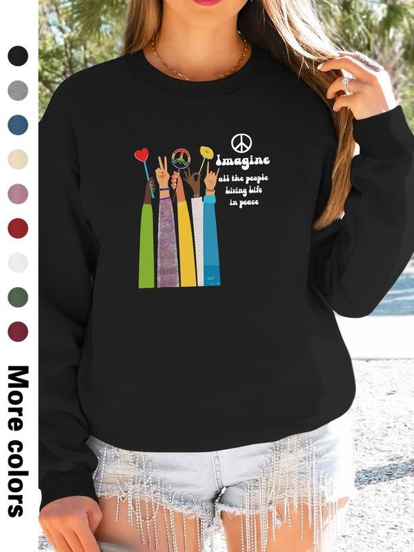 Women's Casual Letter Cartoon Print Long Sleeve Round Neck Pullover Sweatshirt, Fitted Style, Moderate Fabric, Spring &...