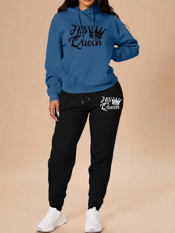Women's Casual Letter Crown Print Sweatshirt Set, Long Sleeve Hooded Top with Pockets, Fall & Winter Home Wear, Outdoor...
