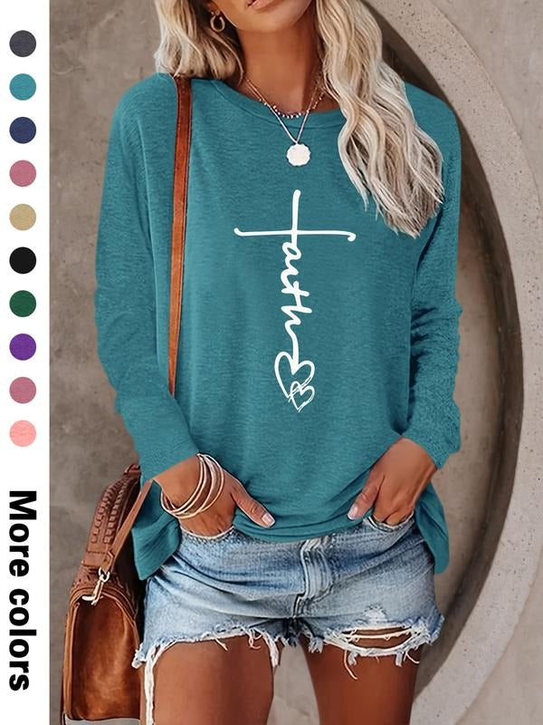 Women's Casual Letter Heart Print Round Neck Long Sleeve T-Shirt, Comfortable Fabric, Available in 10 Colors, All Seasons...