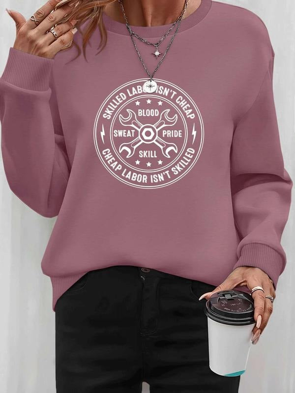 Women's Casual Letter Print Long Sleeve Pullover Sweatshirt, Spring & Fall Fashion, Fitted Thin Kint Fabric, Available in...