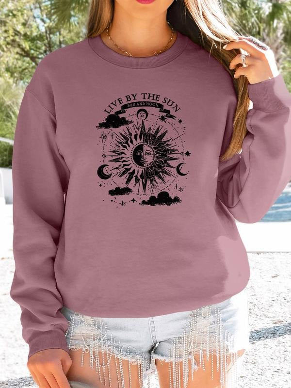 Women's Casual Letter Print Long Sleeve Round Neck Pullover Sweatshirt, Fall & Winter Fitted Kint Fabric, Available in 9...