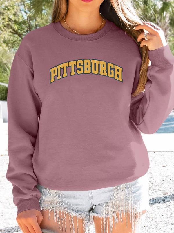 Women's Casual Letter Print Long Sleeve Round Neck Pullover Sweatshirt, Fall & Winter Fitted Landscape Pattern Top, 9...