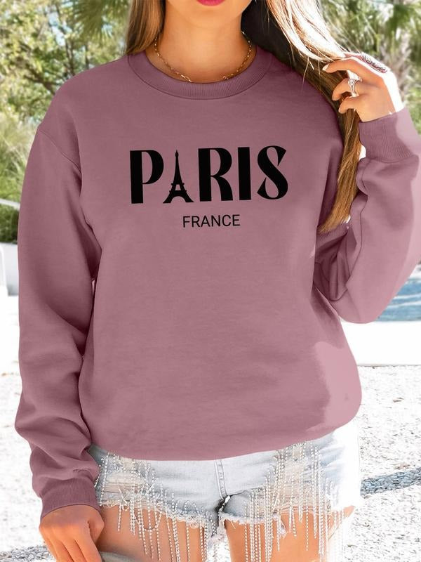 Women's Casual Letter Print Long Sleeve Round Neck Pullover Sweatshirt, Fall & Winter Fitted Landscape Pattern Top, 9...