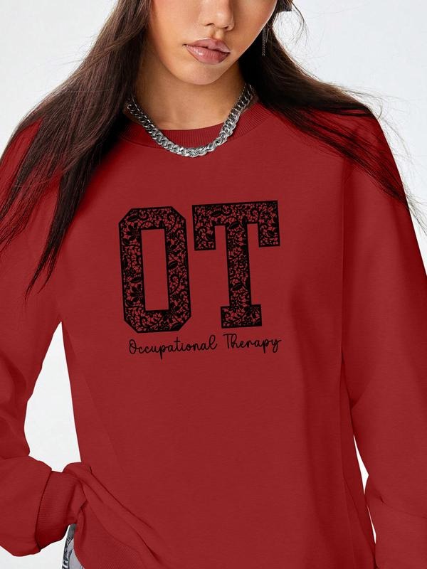 Women's Casual Letter Print Long Sleeve Round Neck Pullover Sweatshirt, Fitted Kint Fabric, Fall & Winter Fashion, 9...