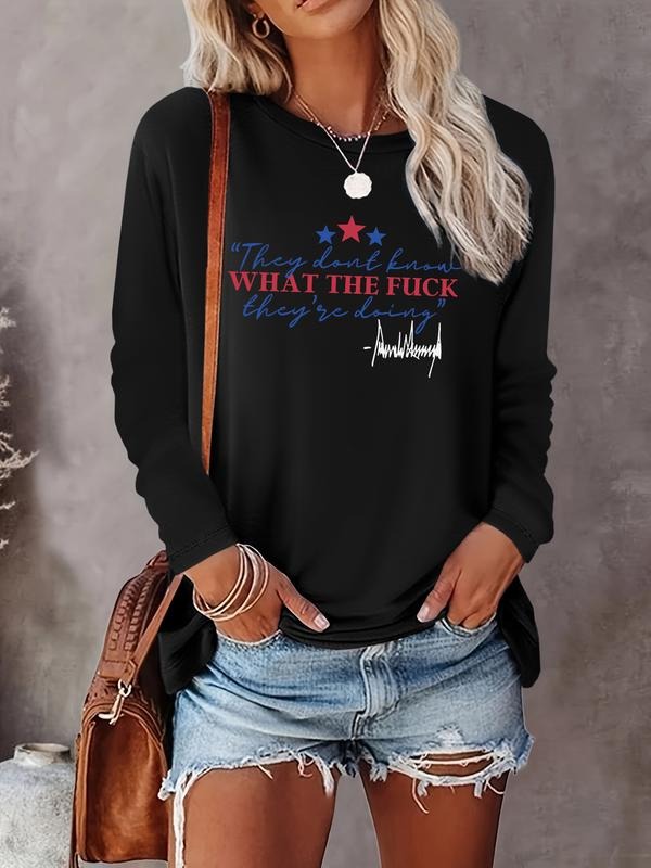Women's Casual Letter Print Long Sleeve Round Neck T-Shirt, Comfortable Fabric, Fitted Style, All Season Wear, Ladies...