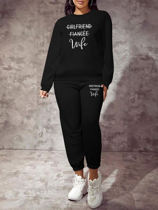 Women's Casual Letter Print Sweatshirt Set, Long Sleeve Round Neck Pullover, Fitted Two-Piece for Spring & Fall Shirt Hoodie