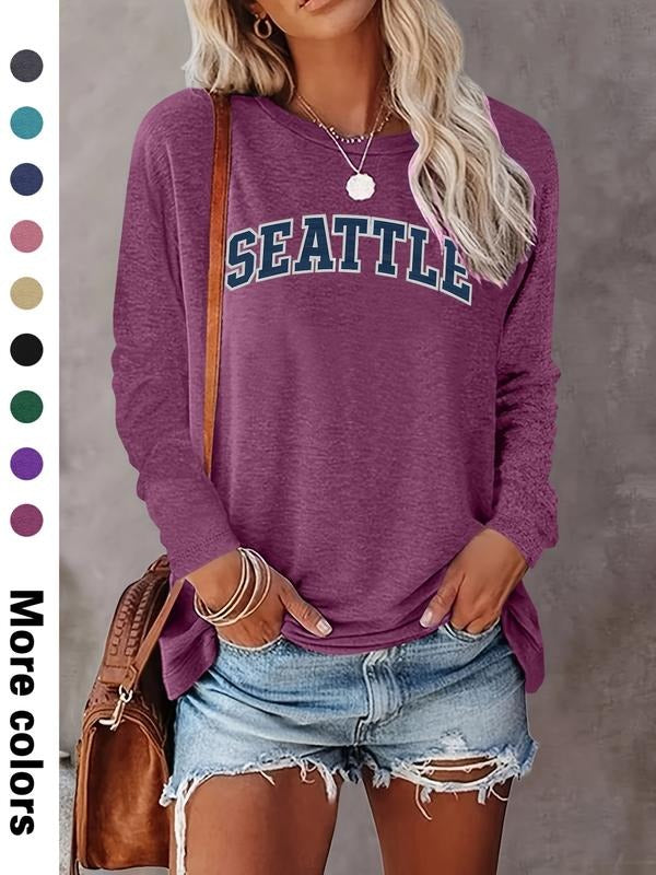 Women's Casual Long Sleeve Round Neck Letter Print T-Shirt, Comfortable Fabric, Available in 9 Colors, All Seasons Wear...
