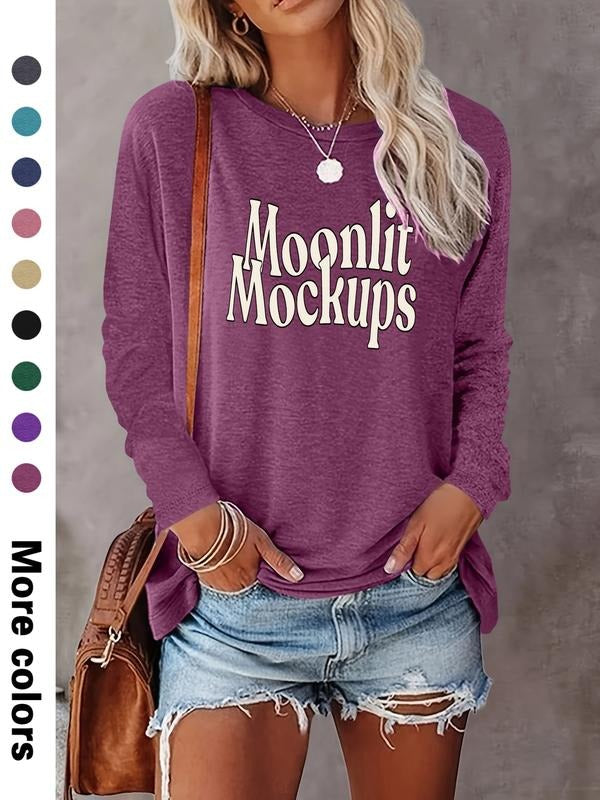 Women's Casual Long Sleeve Round Neck Letter Print T-Shirt, Comfortable Fabric, Available in 9 Colors, Perfect for All...