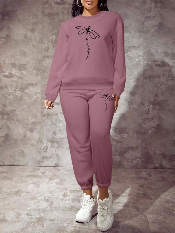 Women's Casual Long Sleeve Sweatshirt Set, Spring & Fall Fashion, Fitted Design, Natural Waist, Slogan Pattern, Two-Piece...