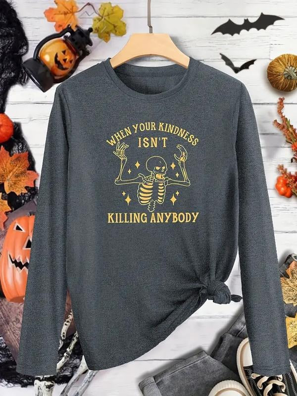 Women's Casual Round Neck Long Sleeve Top, Loose Fit Solid Color Shirt with Creative Cartoon Skull Print, Spring & Fall...