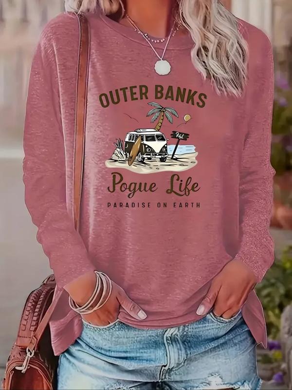 Women's Casual Round Neck Long Sleeve Top, Loose Fit Solid Color Shirt with Fun Landscape Print, Spring & Fall Fashion...