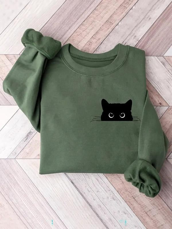 Women's Casual Round Neck Pullover Sweatshirt, Fashionable All Season Wear, Fun Cartoon Cat Print Design, Perfect Gift...