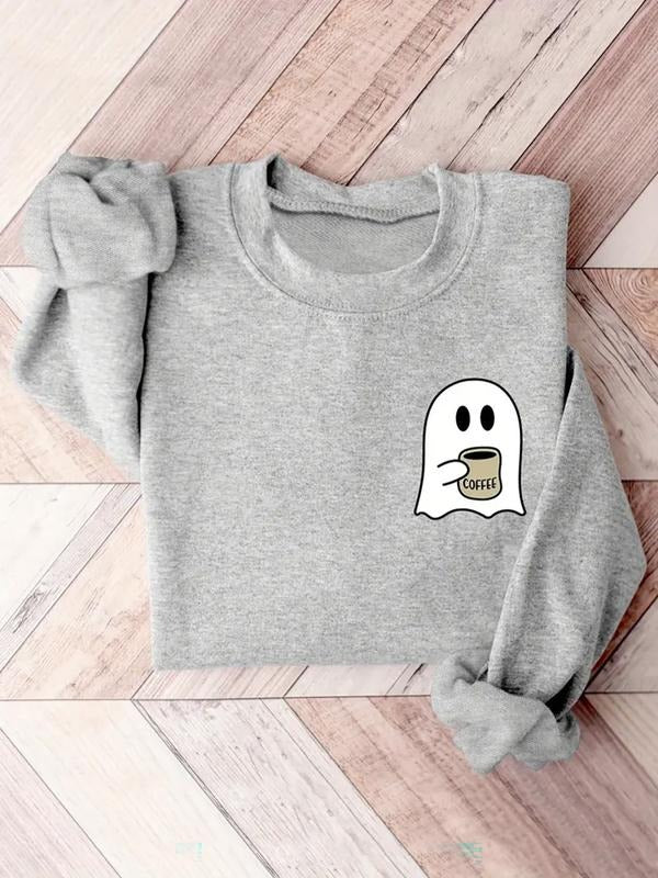 Women's Casual Round Neck Pullover Sweatshirt, Fun Cartoon Halloween Ghost Print, All Season Wear, Perfect Gift Choice...