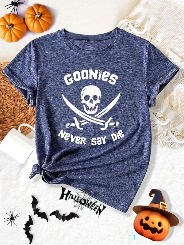 Women's Casual Round Neck Short Sleeve Top, Loose Fit Solid Color Shirt with Creative Cartoon Skull Print, Spring & Fall...