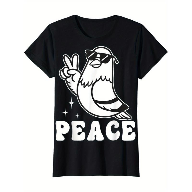 Women's Casual Short Sleeve T-Shirt - Cool Peace Dove Cartoon Bird with Fashion Glasses & Peace Sign Graphic, Black with...