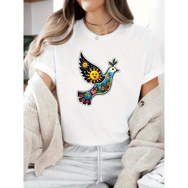 Women's Casual Short Sleeve T-Shirt - Vibrant Peace Dove & Sun Graphic Tee, Round Neck Regular Fit, Machine Washable...