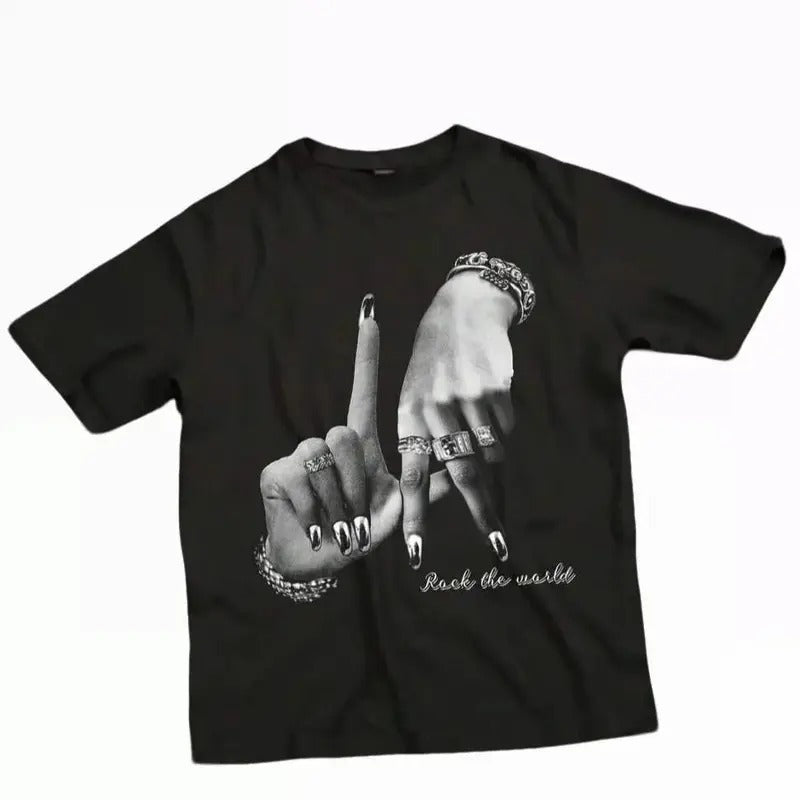 Women's Casual Simple Hand Gesture Print Loose Crew Neck Short Sleeve T-Shirt, Summer,Chrismast Hoodie Sweatshirt