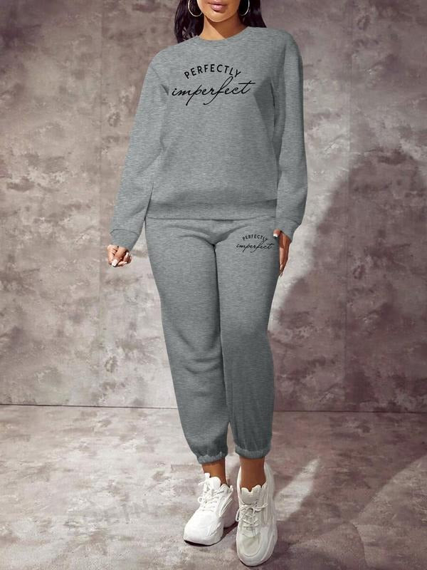 Women's Casual Slogan Print Sweatshirt Set, Long Sleeve Round Neck Pullover, Comfortable Two-Piece for Spring & Fall...