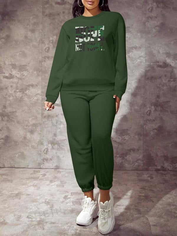 Women's Casual Sweatshirt Set, Spring & Fall Fitted Letter Print Long Sleeve Round Neck Top, Comfortable Two-Piece Shirt...