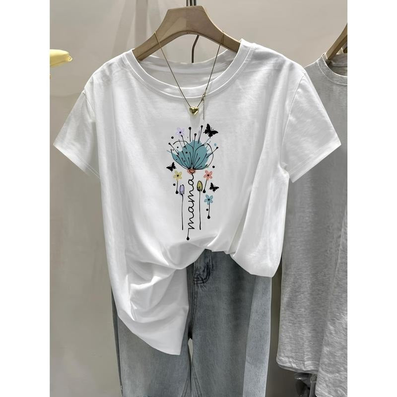 Women's Casual White Short-Sleeve T-Shirt with Artistic Butterfly & Letter Print, Loose Fit Round Neck Tee for Casual...