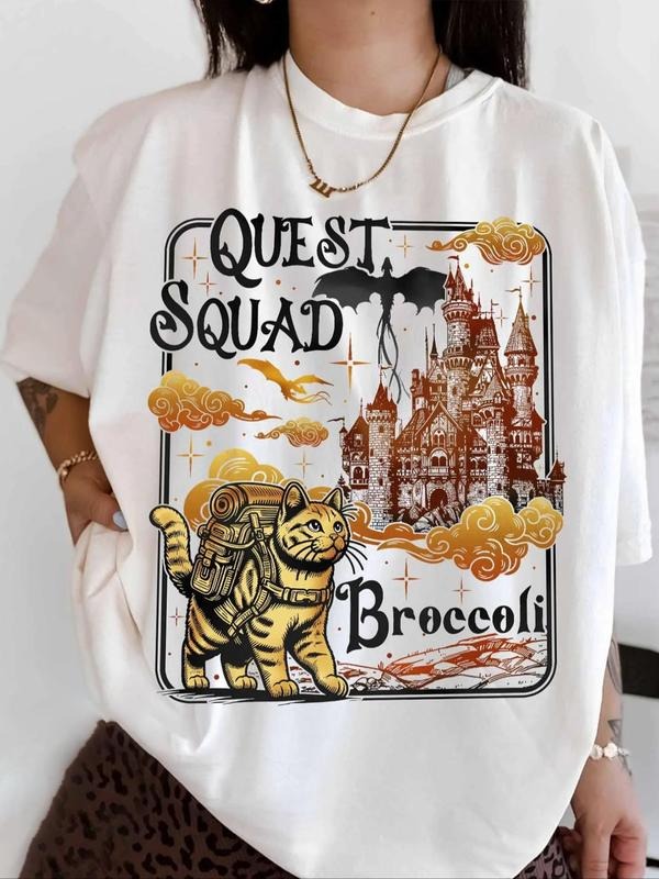 Cat & Castle & Figure Print Round Neck Vintage Casual Short Sleeve Daily Summer T-Shirts, Hoodie, Sweatshirt