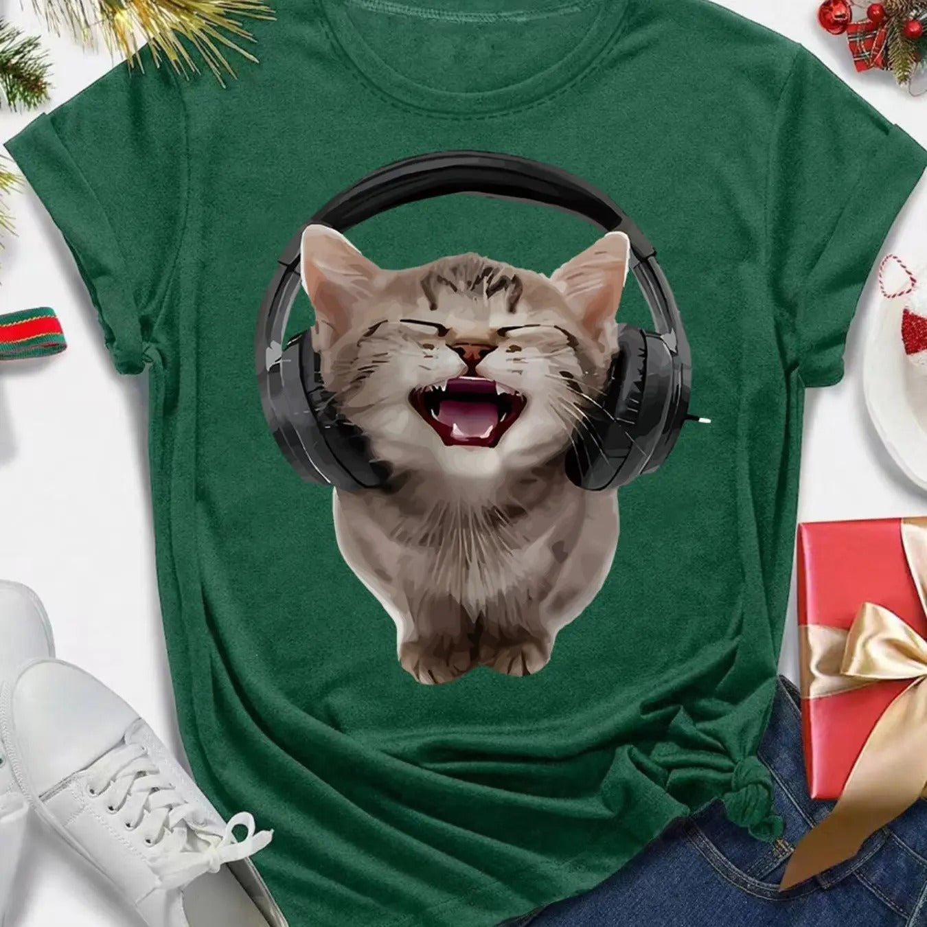 Women's Cat & Headphone Print Round Neck Tee, Casual Short Sleeve Crew Neck T-Shirt for Summer, Fashion Women's Top for...