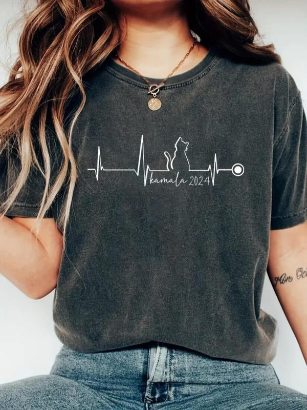 Women's Cat & Heartbeat Line Print Round Neck Tee, Casual Short Sleeve Crew Neck T-shirt for Daily Wear, Ladies Clothes...