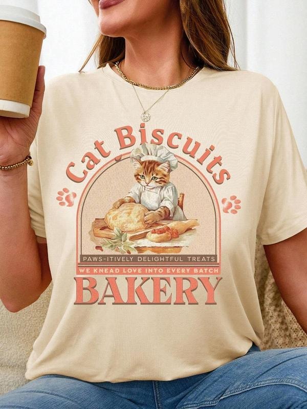 Cat & Letter Print Round Neck Vintage Casual Short Sleeve Daily All Seasons Clothes T-Shirts, Hoodie, Sweatshirt
