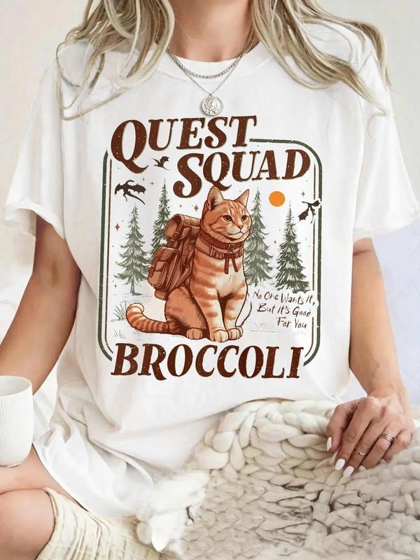 Women's Cat & Letter Print Round Neck Graphic Tee, Vintage Trendy Casual Short Sleeve T-shirt for Daily Wear, Ladies...