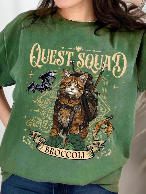 Women's Cat & Letter Print Round Neck Graphic Tee, Vintage Trendy Casual Short Sleeve T-shirt for Daily Wear, Ladies...