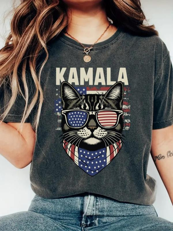 Women's Cat & Letter Print Round Neck Tee, Casual Graphic Short Sleeve T-Shirt for Daily Wear, Funny Ladies Clothes for...