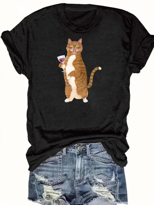 Women's Cat & Letter Print Round Neck Tee, Casual Short Sleeve Crew Neck T-shirt for Daily Wear, Ladies Clothes for All...