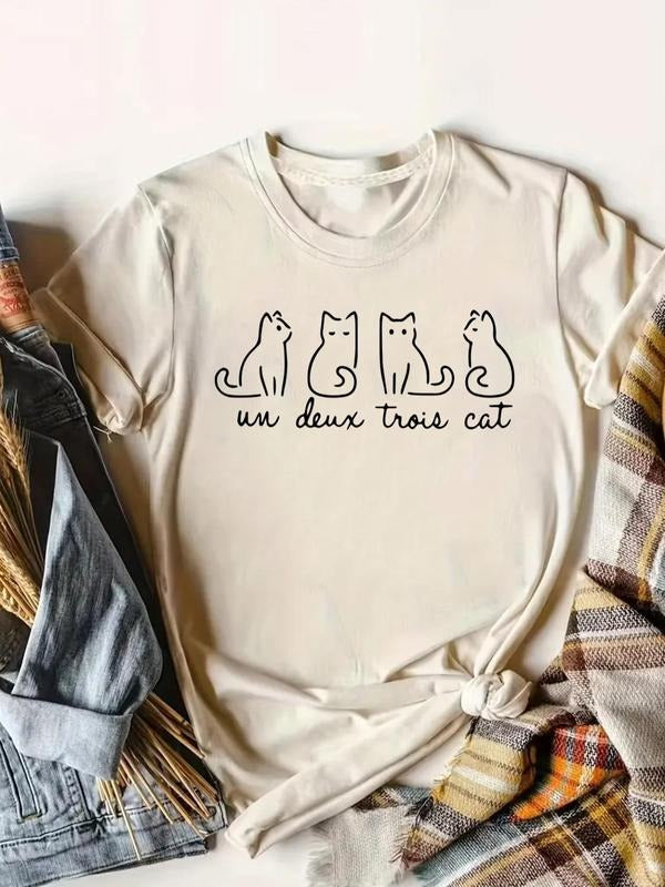 Women's Cat & Letter Print Round Neck Tee, Casual Short Sleeve Crew Neck T-shirt for Daily Wear, Ladies Clothes for All...