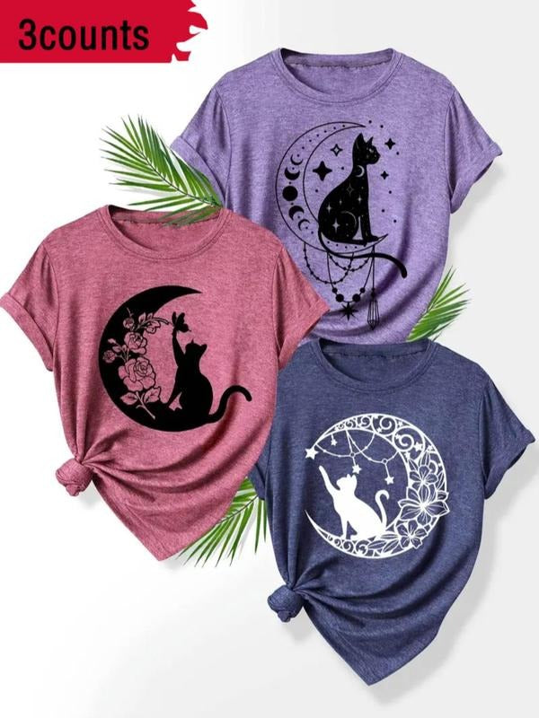 Women's Cat & Moon Print Round Neck Tee, Casual Letter Print Short Sleeve T-shirt for Summer, Ladies Clothes for Daily...